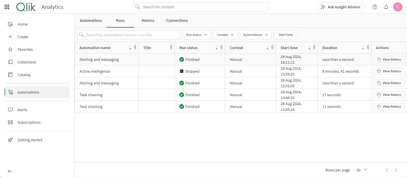 Automation Runs view showing automation run history