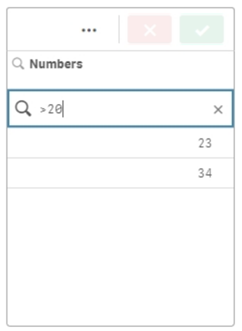 Click to view full size Numeric search for values matching a specific numeric comparison (in this case, values greater than 20). The search text is '>20'. No quotation marks are used in the actual search.