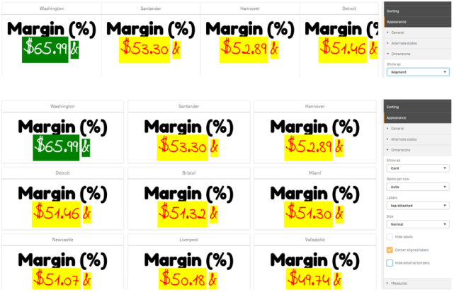 Samma KPI-objekt visas med segmentlayout (övre) och kortlayout (nedre).