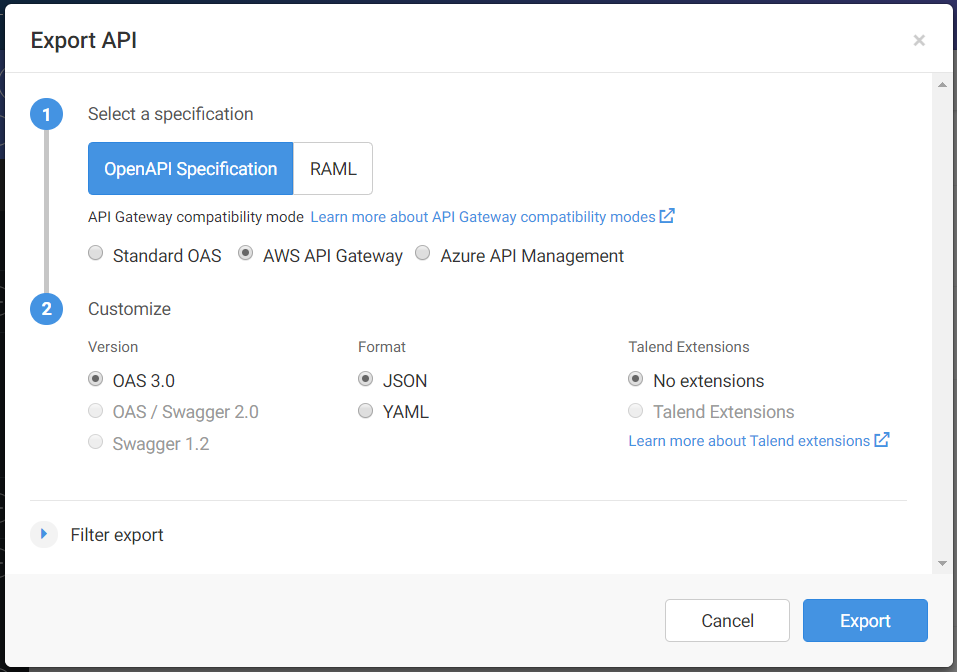 Dialogfeld Export API (API exportieren).