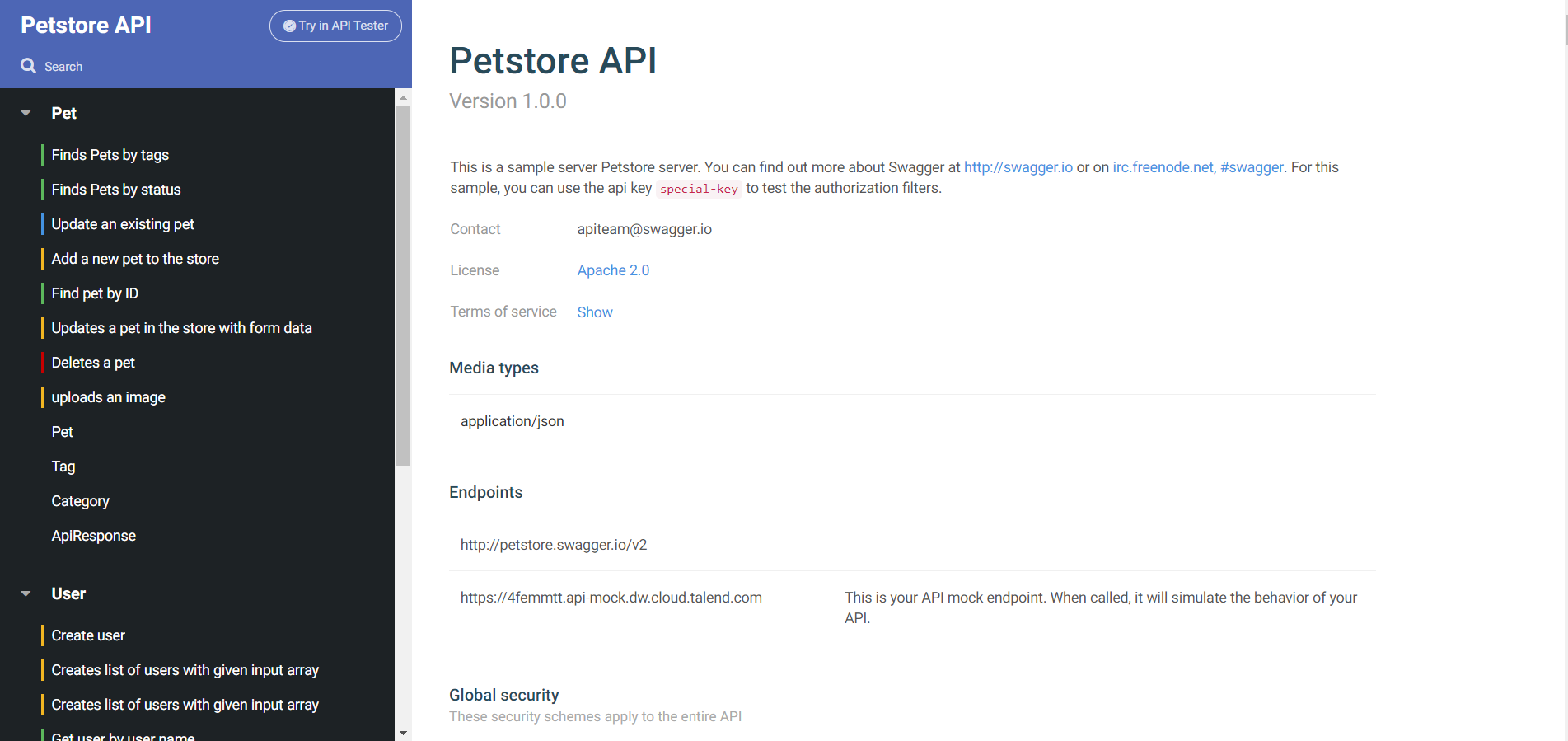 Screenshot der Live-Dokumentation für die Petstore API.