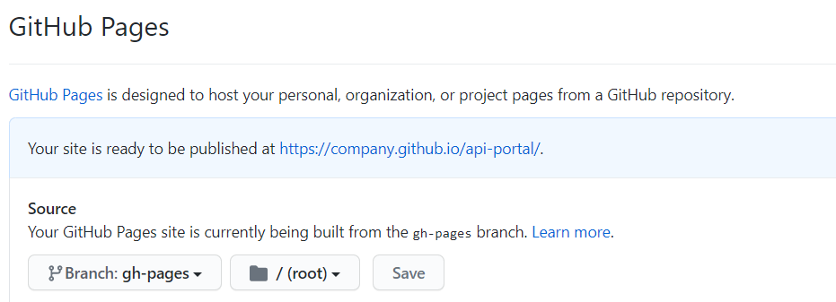 In diesem Beispiel ist die URL https://company.github.io/api-portal/ im Abschnitt GitHub Pages verfügbar.