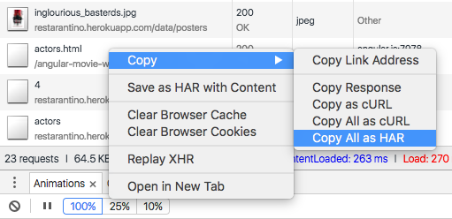 Das Menü ist geöffnet und zeigt die ausgewählte HAR-Option „Copy All (Alles kopieren)“.