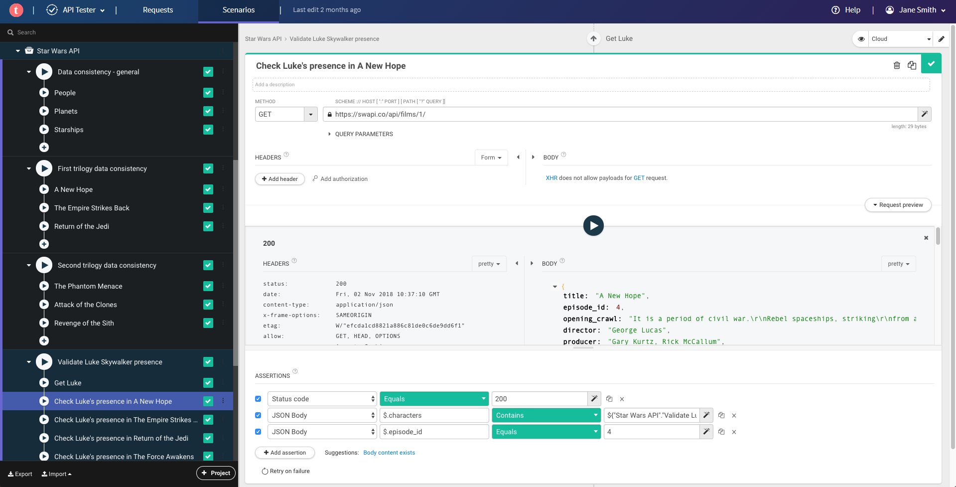 Beispielsweise können Sie Assertions für die Werte des Statuscodes und des JSON-Bodys definieren.