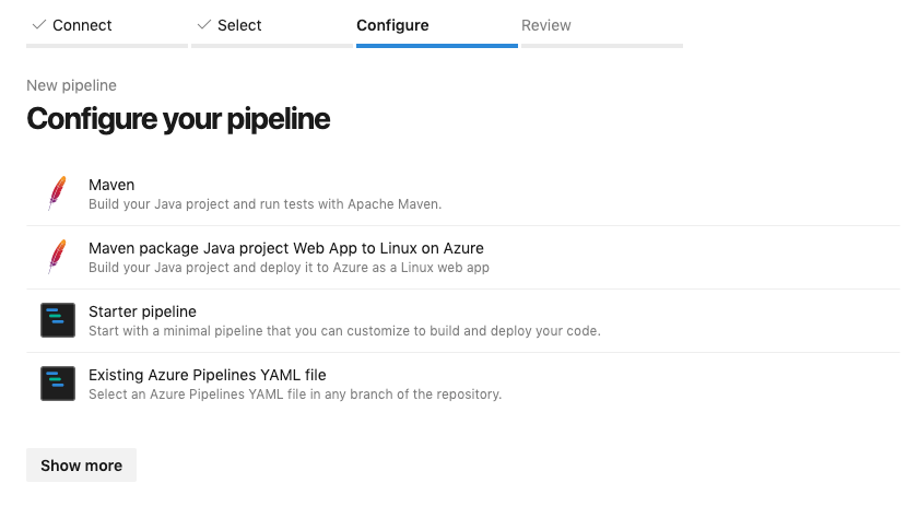 Schritt „Configure your pipeline (Pipeline konfigurieren)“ mit der Option „Starter pipeline (Starter-Pipeline)“.