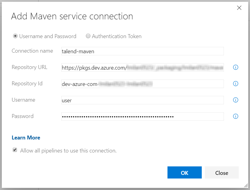 Fenster „Add Maven service connection (Maven-Dienstverbindung hinzufügen)“ mit einem Konfigurationsbeispiel: Benutzername und Passwort sind ausgewählt, der Verbindungsname lautet „talend-maven“, die Repository-URL beginnt mit „https//pkgs.dev.azure.com/“, die Repository-ID beginnt mit „dev-azure-com“ und der Benutzername lautet „user“.