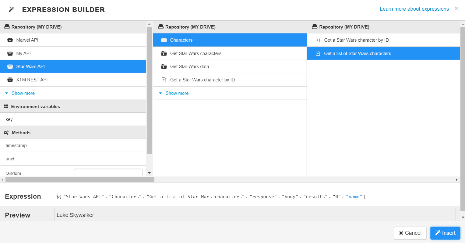 In diesem Beispiel entspricht der Ausdruck dem Namen des ersten Ergebnisses in einer Liste von Star Wars-Rollen aus der Star Wars API, und der Vorschauwert ist Luke Skywalker.