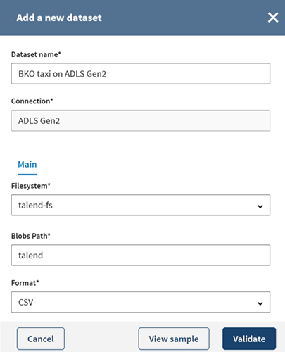 Konfiguration eines neuen Azure Data Lake Storage Gen2-Datensatzes.