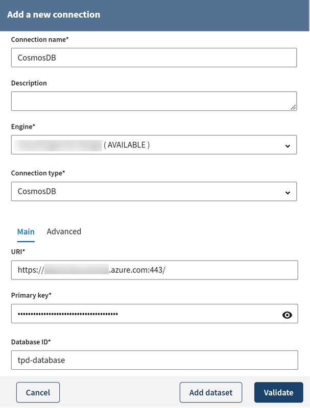 Konfiguration einer neuen Azure Cosmos DB-Verbindung.