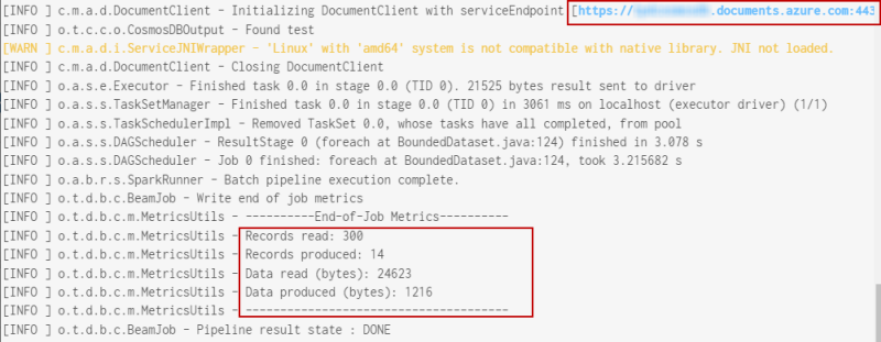 Hervorhebung des Logs für das Volumen der Daten, die an die Azure Cosmos DB gesendet wurden.