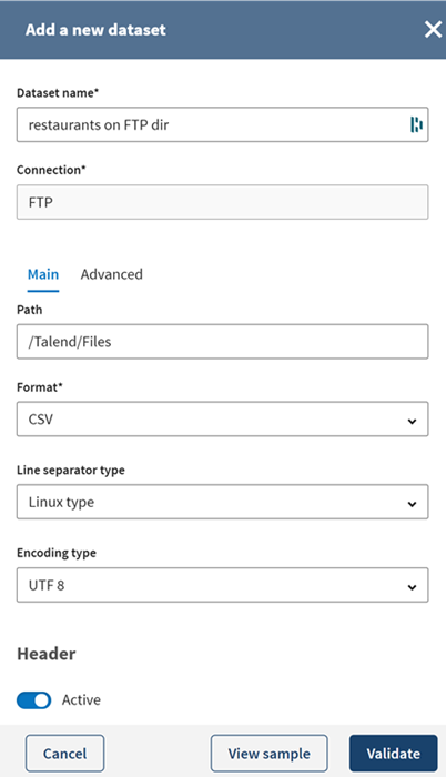 Konfiguration eines neuen FTP-Datensatzes.