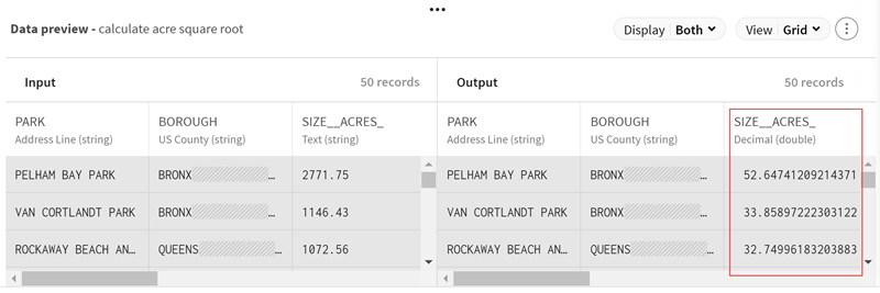 In der Ausgabedatenvorschau hat der Prozessor die Quadratwurzel des Felds „size acres (Größe acres)“ berechnet.