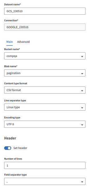 Konfiguration eines neuen Google Cloud Storage-Datensatzes.