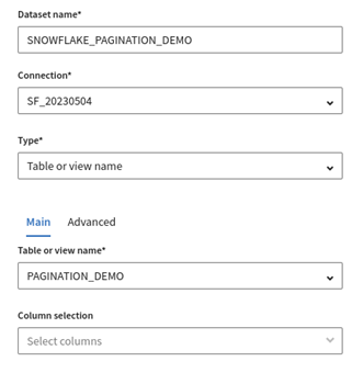 Konfiguration eines neuen Snowflake-Datensatzes.