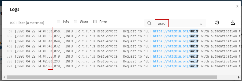 Hervorhebung der UUID, die alle 5 Sekunden abgerufen wird, im Ausgabe-Log.