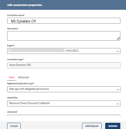 Menü „Edit connection properties (Verbindungseigenschaften bearbeiten)“, in dem auf das Symbol „add dataset (Datensatz hinzufügen)“ zugegriffen werden kann.