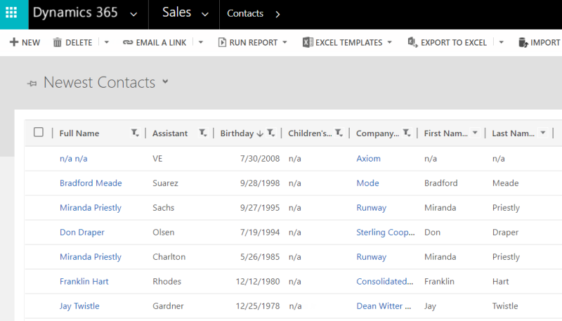 Die Spalten mit den Vornamen und den Nachnamen werden in der Liste „Newest contact (Neuester Kontakt)“ in Microsoft Dynamics 365 angezeigt.