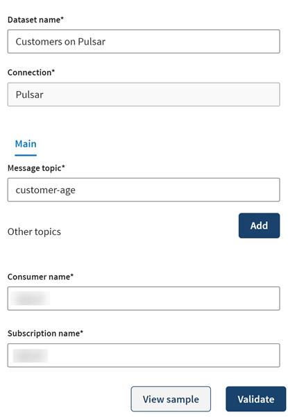 Konfiguration eines neuen Pulsar-Datensatzes.