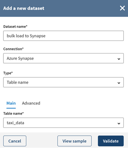 Konfiguration eines neuen Azure Synapse-Datensatzes.