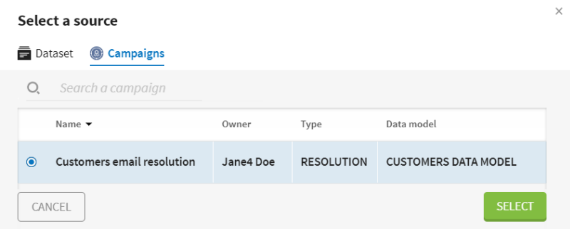 Registerkarte „Campaigns (Kampagnen)“ im Menü „select a source (Quelle auswählen)“.