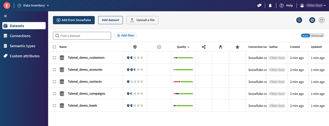 Seite „Datasets (Datensätze)“ in Talend Data Inventory.