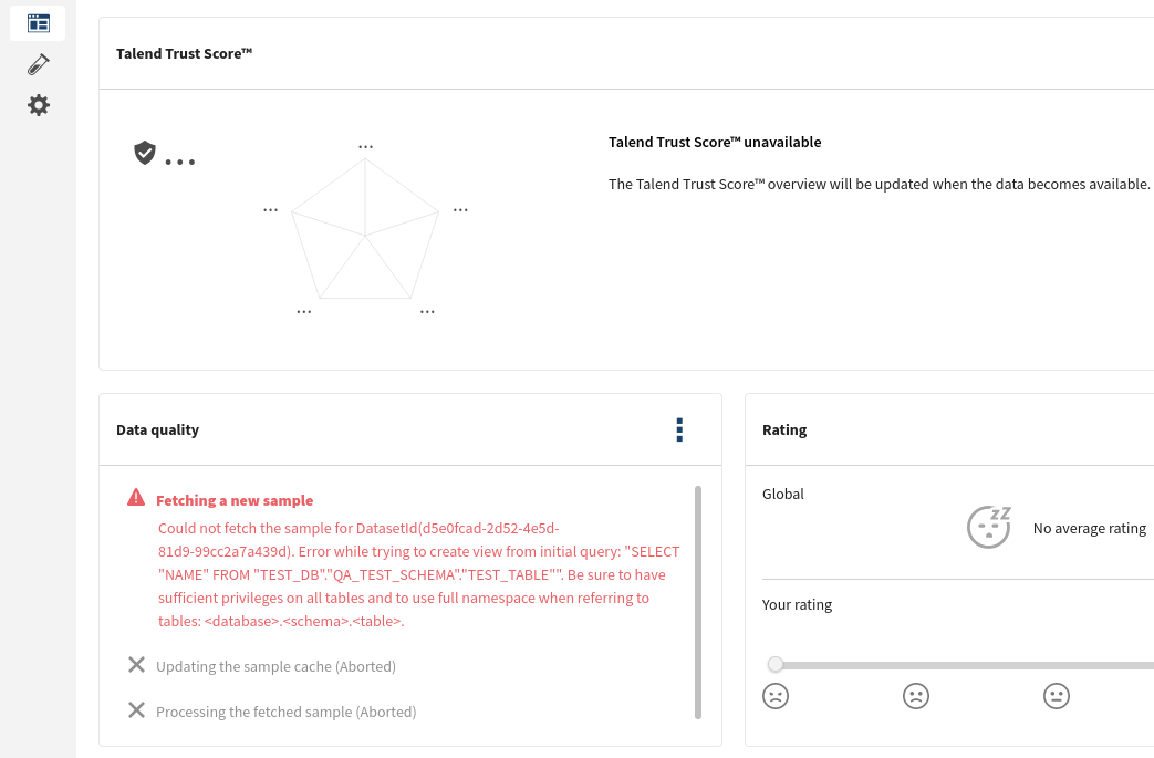 Fehler „Fetching a new sample (Neues Sample wird abgerufen)“ auf der Kachel „Data quality (Datenqualität) der Seite „Overview (Übersicht)“.