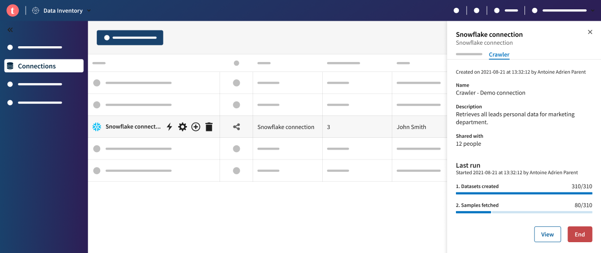 „Crawler“-Registerkarte mit dem Status der Datensatzerstellung