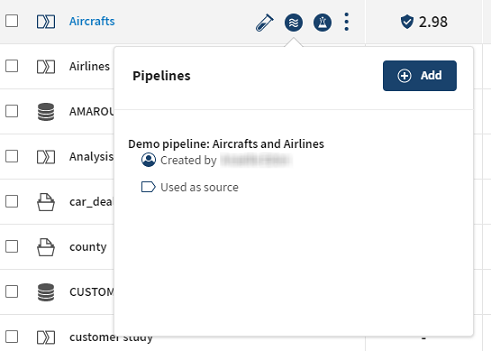 Liste der Pipelines für die Datensatzliste