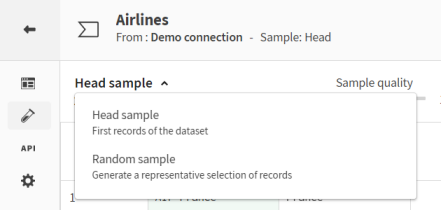 Sample des „Aircrafts“-Datensatzes. Der Mauszeiger ist auf einer Dropdown-Liste positioniert, in der die Optionen „Head sample (Head Sample)“ und „Random sample (Random Sample)“ zur Auswahl stehen.