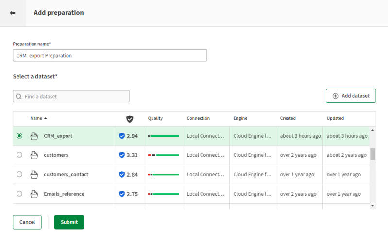 Fenster Add a preparation (Datenaufbereitung hinzufügen) mit einer Liste der Datensätze, die zum Erstellen einer Datenaufbereitung verfügbar sind, darunter CRM_export.