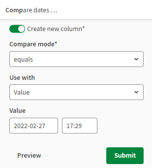 Geöffnetes Menü „Compare Dates (Datumsangaben vergleichen)“