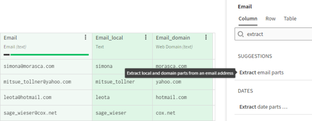 Hervorgehobene Funktion zur Extraktion der E-Mail-Teile („Extract Email Parts“)