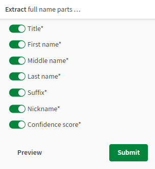 Geöffneter Fensterbereich zur Extraktion von Teilen vollständiger Namen („Extract full name parts“)