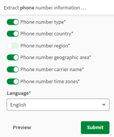 Geöffneter Fensterbereich zur Extraktion von Telefonnummern („Extract phone number information“)