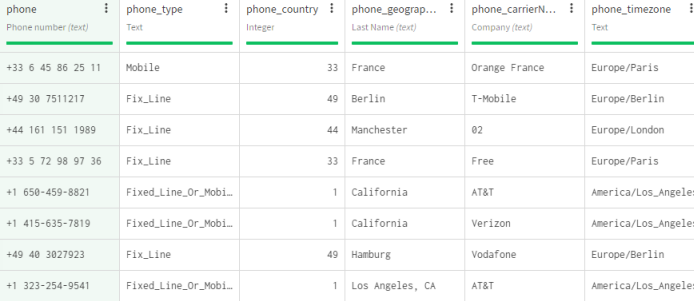 Datensatz mit den aus den Telefonnummern extrahierten Basis-Kundendaten