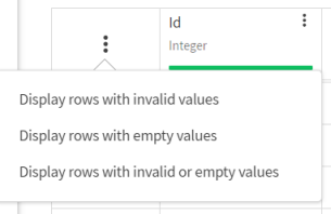 Geöffnetes Menüsymbol mit ausgewählter Option „Display rows with invalid or empty values“ (Zeilen mit ungültigen oder leeren Werten anzeigen)