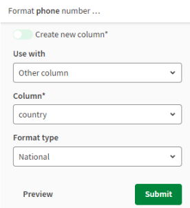 Geöffneter Fensterbereich zur Formatierung von Telefonnummern („Format phone number“)