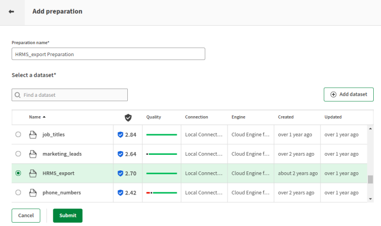 Fenster Add a preparation (Datenaufbereitung hinzufügen) mit einer Liste der Datensätze, die zum Erstellen einer Datenaufbereitung verfügbar sind, darunter HRMS_export.