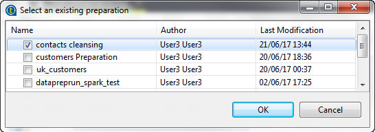 Geöffnetes Dialogfeld zur Auswahl einer vorhandenen Datenaufbereitung („Choose an existing preparation) in Talend Studio