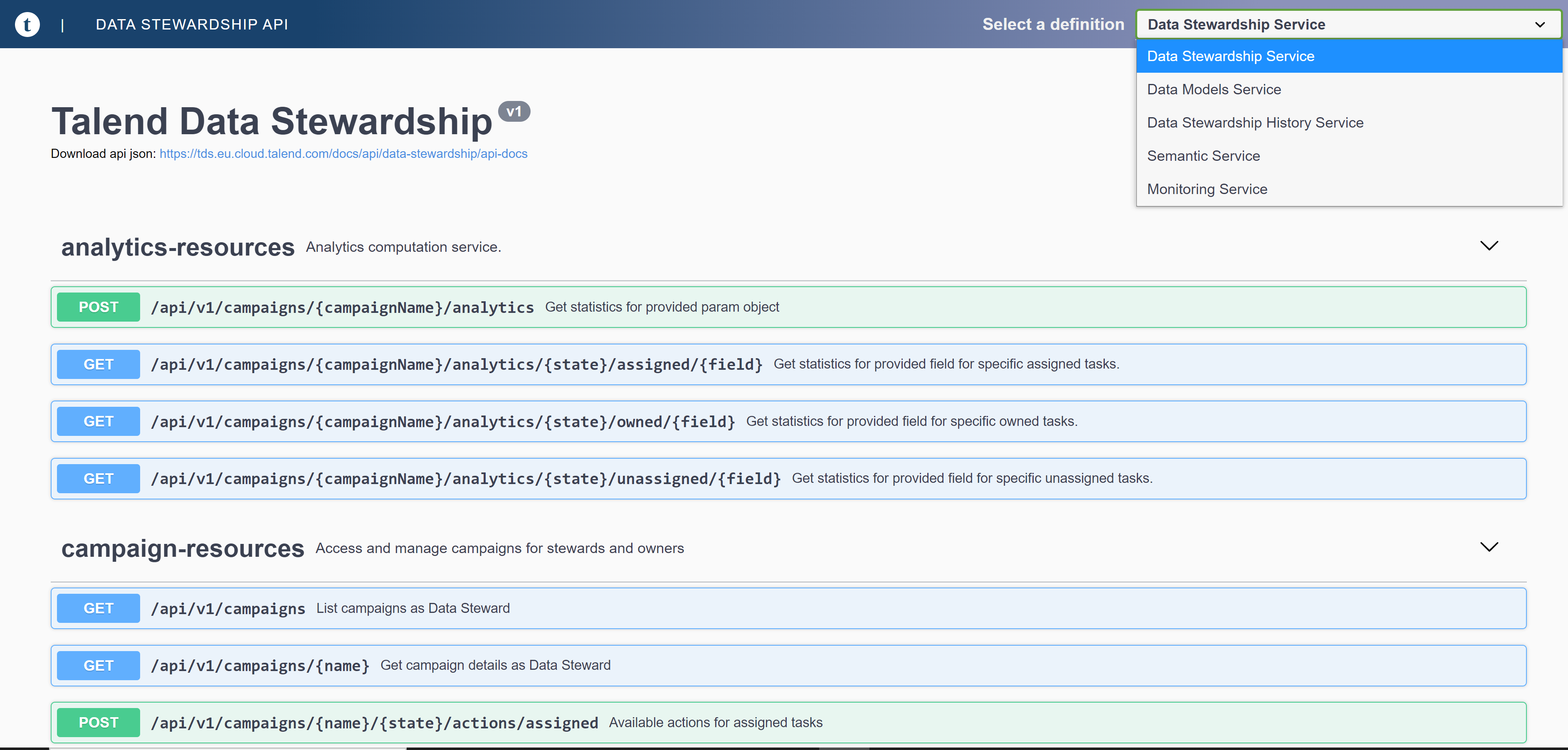 Kategorien und Operationen für die REST API-Dokumentation für Talend Data Stewardship