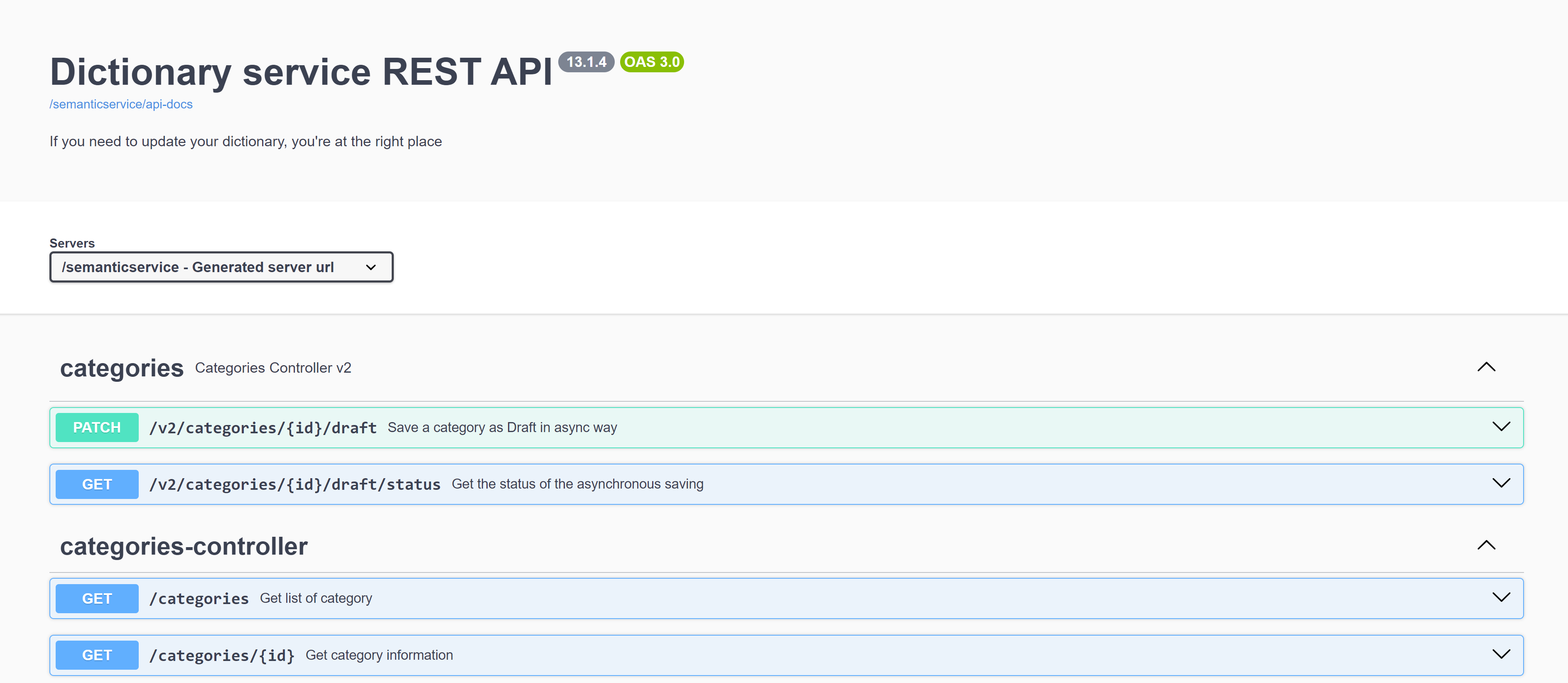 Kategorien und Operationen für die REST API-Dokumentation für Talend Dictionary Service