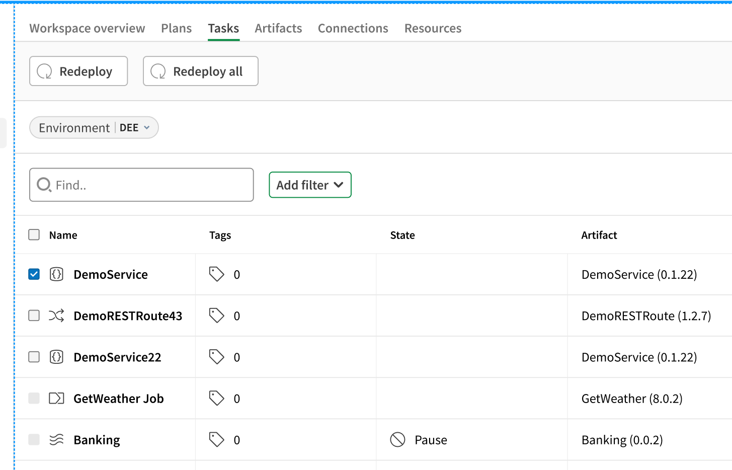 Registerkarte „Task“ mit der Task-Liste „Microservice“ und den Schaltflächen „Redeploy (Neu bereitstellen)“ und „Redeploy all (Alle neu bereitstellen)“