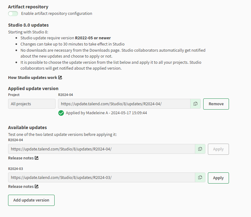 Talend Studio Update-Version angewendet.