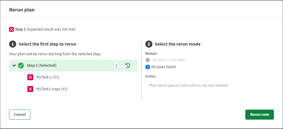 Dialogfeld „Rerun plan dialog box (Plan erneut ausführen)“.