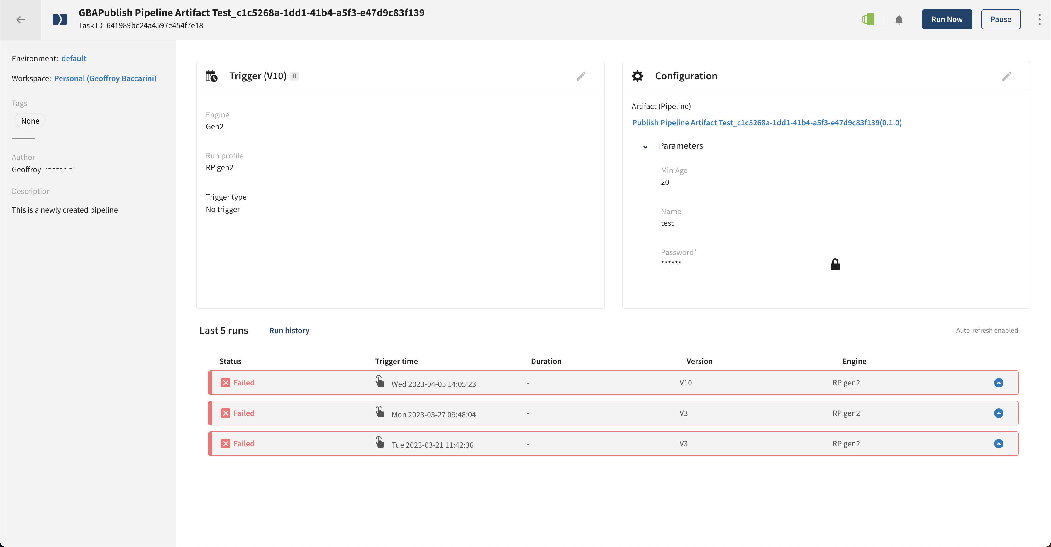 Kontextvariablen, die auf der Seite mit den Taskdetails angezeigt werden.