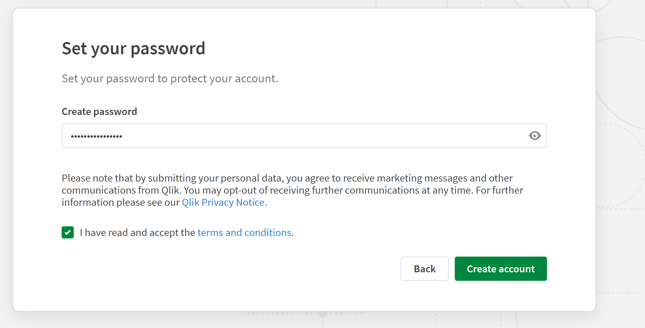 Dies ist der Assistent für die Erstellung Ihres Qlik Passworts und Qlik Kontos.