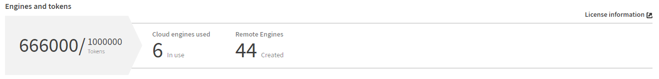 Auf der Seite Subskription wird die Anzahl der Token, der verwendeten Cloud Engines und der erstellten Remote Engines angezeigt.