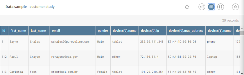 Vorschau eines Datenbeispiels mit Benutzergeräte-Datensätzen