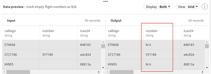 Vorschau des Prozessors vom Typ „Data cleansing (Datenbereinigung)“ nach dem Ersetzen von leeren Flugnummern mit dem Wert „N/A“ („Not available“: Nicht verfügbar).