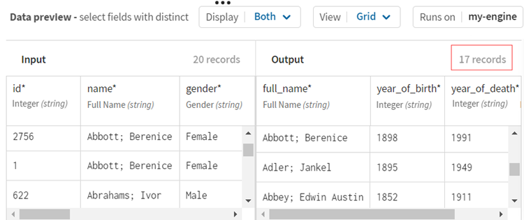 Vorschau des Prozessors vom Typ „Field selector (Feldauswahl)“ nach der Deduplizierung der Datensätze.